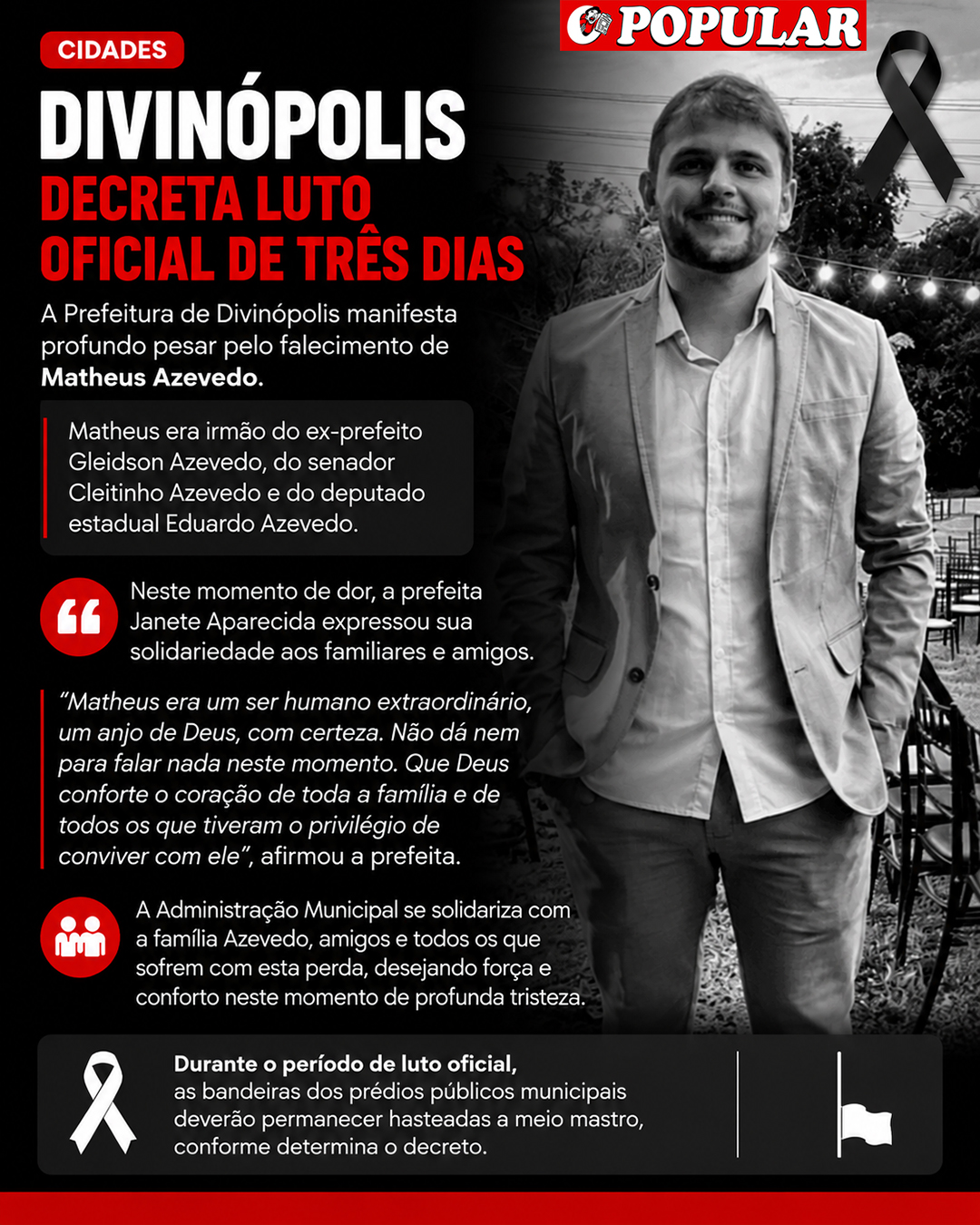 Prefeitura de Divinópolis estabelece luto de três dias após falecimento de Matheus Azevedo