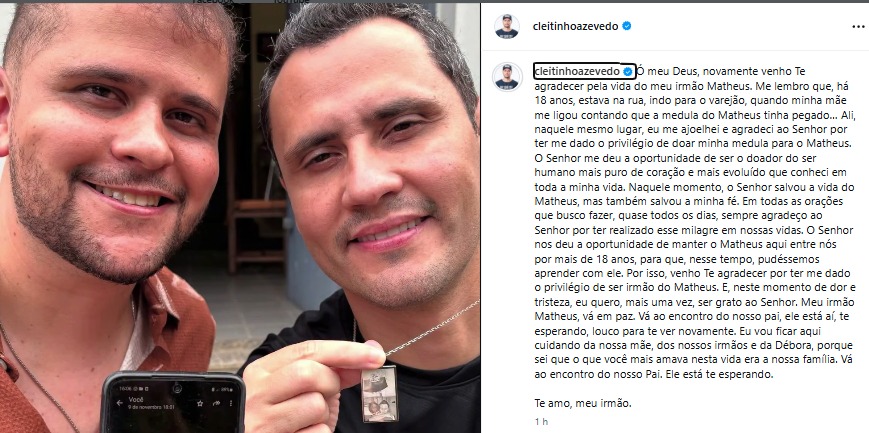 Cleitinho Azevedo presta homenagem ao irmão Matheus após falecimento