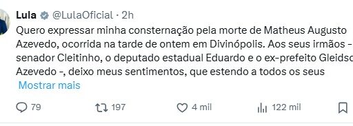 Lula manifesta pesar pelo falecimento de Matheus Azevedo em Divinópolis