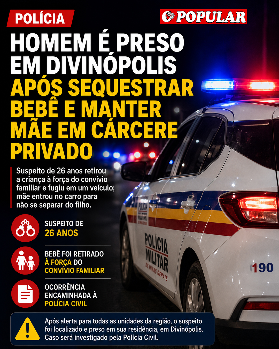 Polícia prende homem de 26 anos em Divinópolis por sequestro de bebê e cárcere privado da mãe