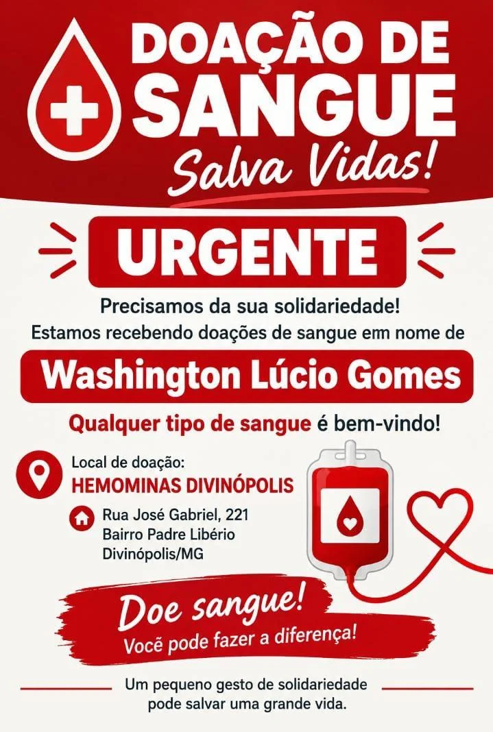 Campanha em Divinópolis mobiliza doadores de sangue para Washington Lúcio Gomes